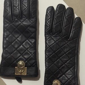 Michael Kors Black Quilted Gloves with Gold Accents